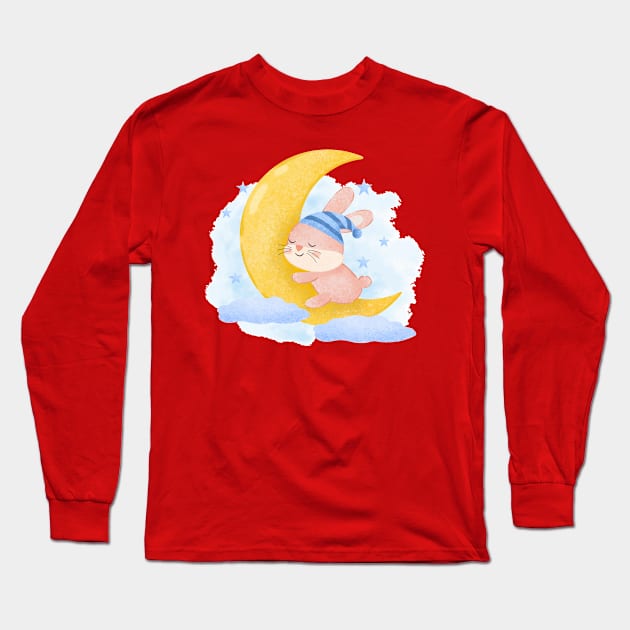 Rabbit Moon Sleeping Long Sleeve T-Shirt by Mako Design 